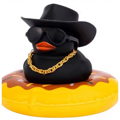 Чёрная резиновая уточка в шляпе и очках, уточка на торпеду авто чёрного цвета