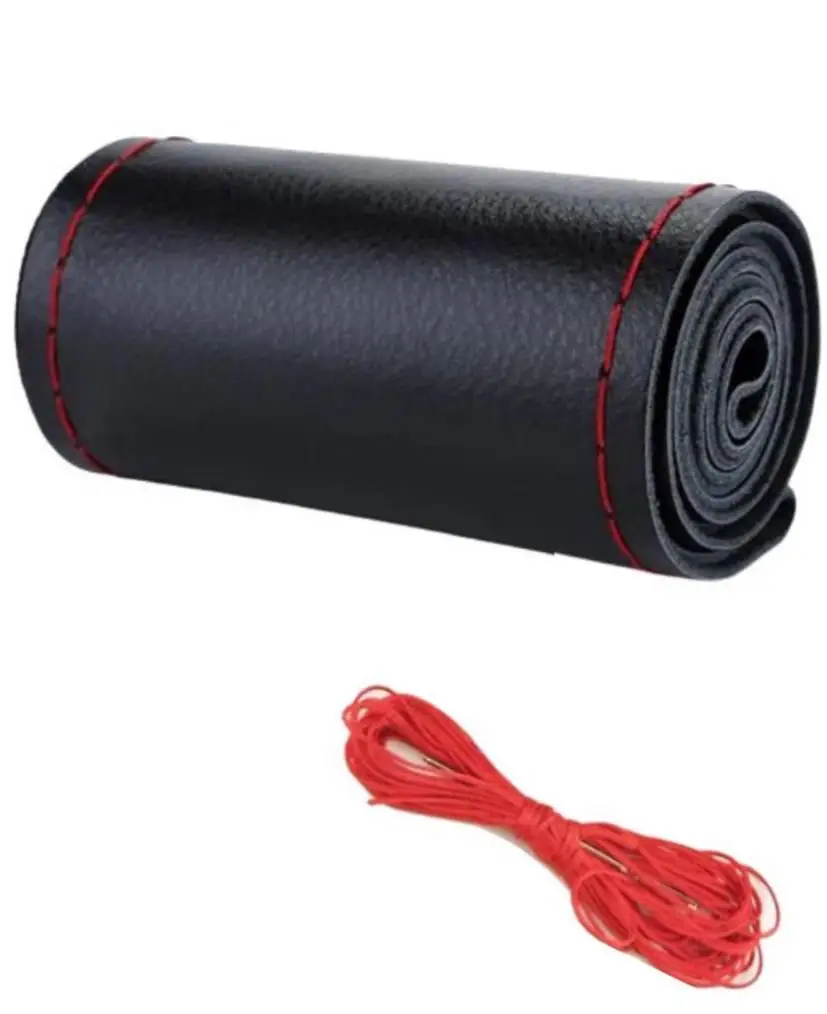 Оплетка чехол на руль, эко кожа, 37-38 см. черная с красным, cшиваемая