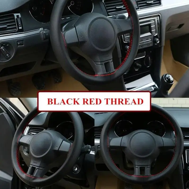 Оплетка чехол на руль, эко кожа, 37-38 см. черная с красным, cшиваемая